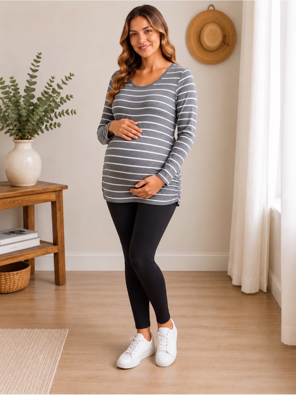 BumpStart Gray Stripe Maternity Top Medium Long Sleeve Stretch Tee Shirt